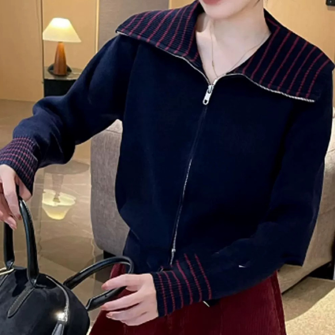 海军灰色毛衣拉链秋季慵懒学院设计条纹针织开衫上衣外套宽松