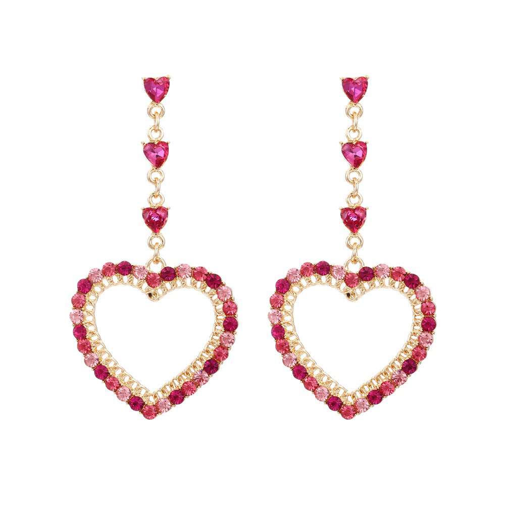 铜合金合成锆石耳饰 镂空爱心锆石流苏夸张镶钻耳环甜美少女百搭