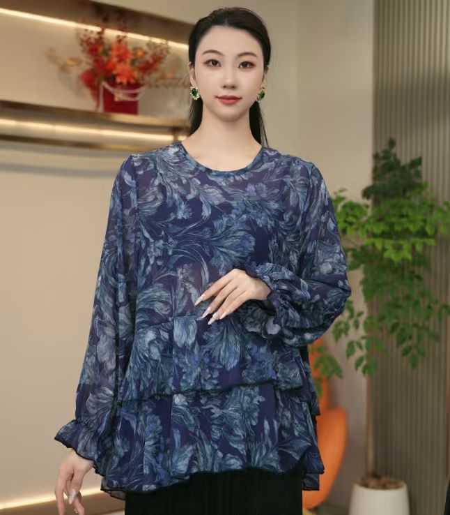 021/宽松荷叶边圆领长袖衬衣气质水墨常规款打底衫