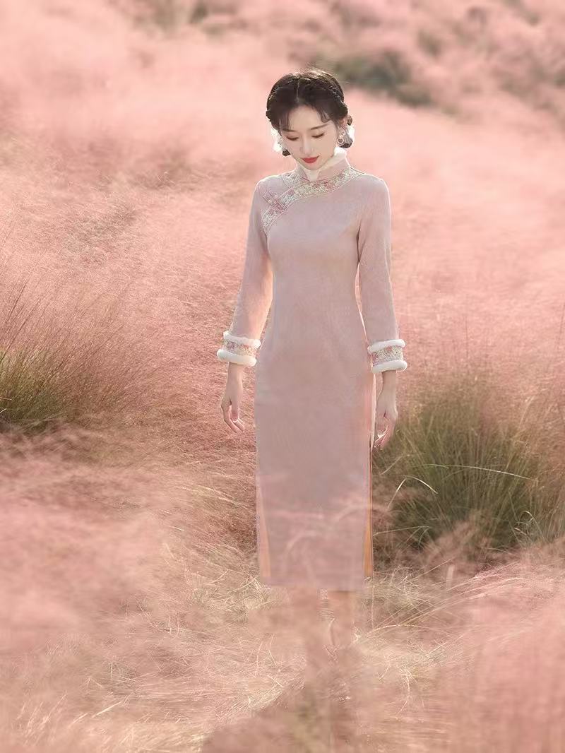 1494 粉色 宽花边 提花 【誉云】 旗袍