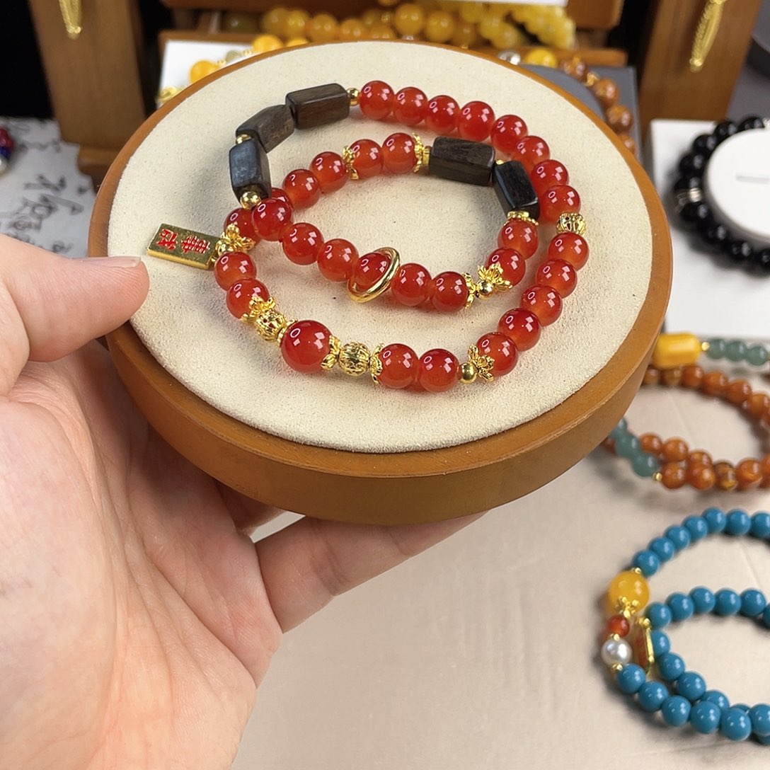 南红玛瑙手饰银S925镀金镶嵌