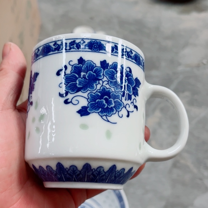 青花玲珑办公杯牡丹花无盖
