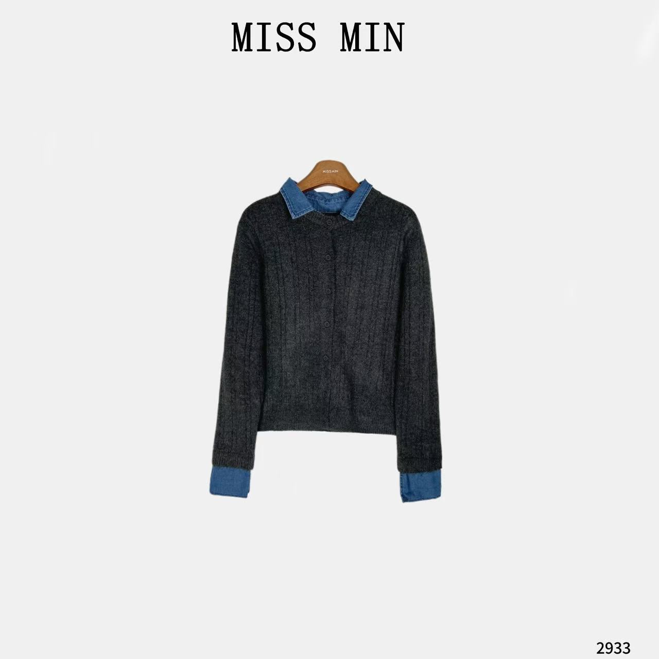  MISS MIN 【邂逅 】韩系拼接牛仔领袖口麻花羊毛针织开衫女冬2933