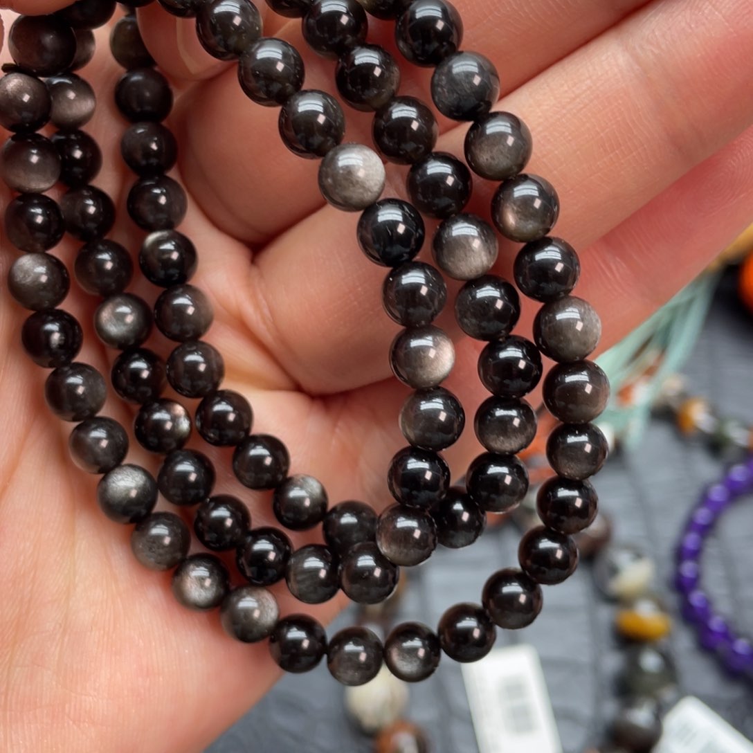 黑曜岩手链未镶嵌银耀石