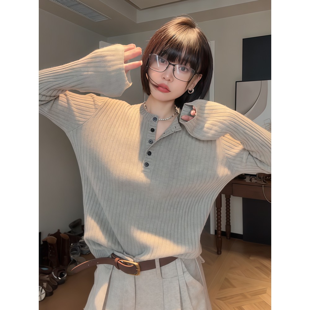 开扣纯色V领长袖坑条纹针织衫女秋冬宽松显瘦内搭打底衫
