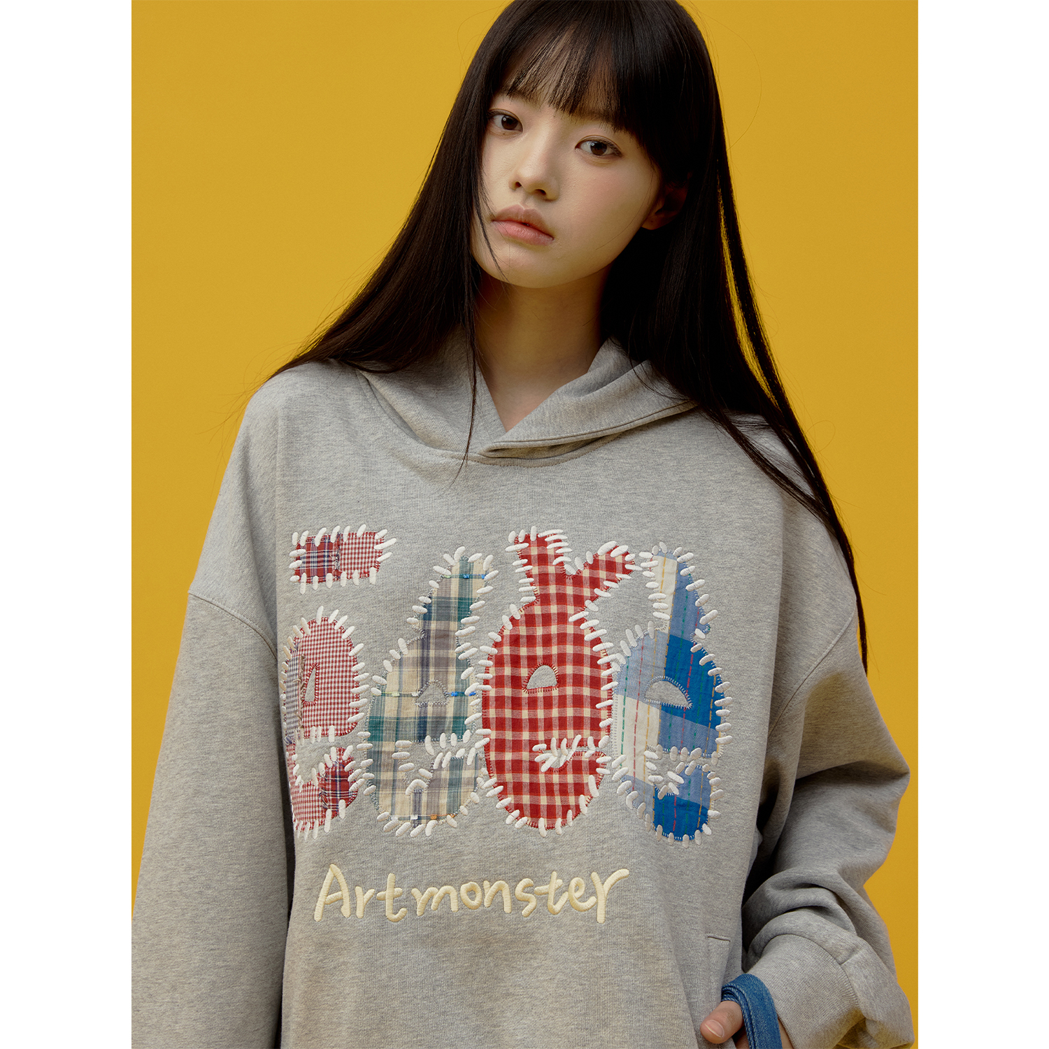 “卡乐艺术”| eeee美式复古贴布刺绣帽衫设计感格纹补丁连帽卫衣