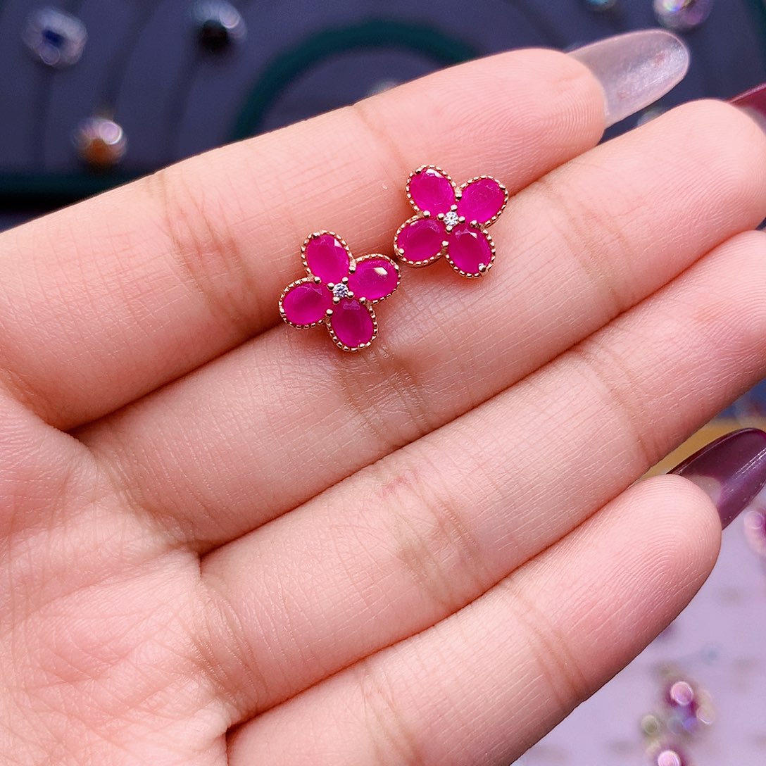 红宝石耳饰银S925镶嵌喜*多