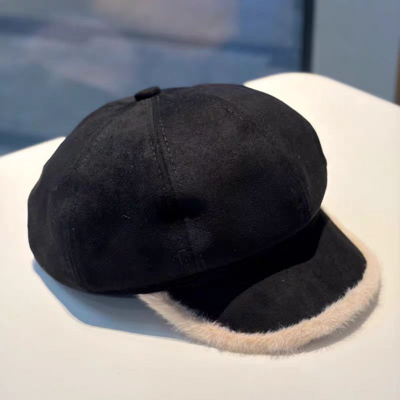 新款麂皮绒八角帽保暖加厚毛绒贝雷帽显脸小报童帽韩版百搭