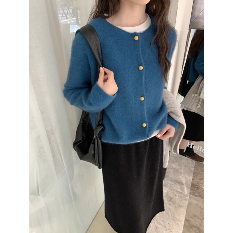 【孔雀蓝小衫】经典东大门韩系开衫小外套木脂扣气质孔雀蓝开衫女