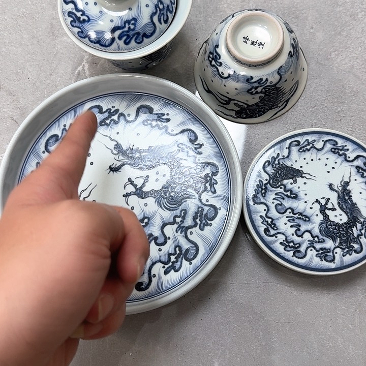 瓷片青花鱼化龙4件套景德镇