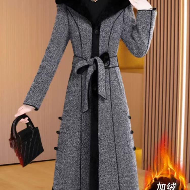 【送腰带】【加绒加厚】2025春秋新款气质长袖风衣3656毛呢外套女