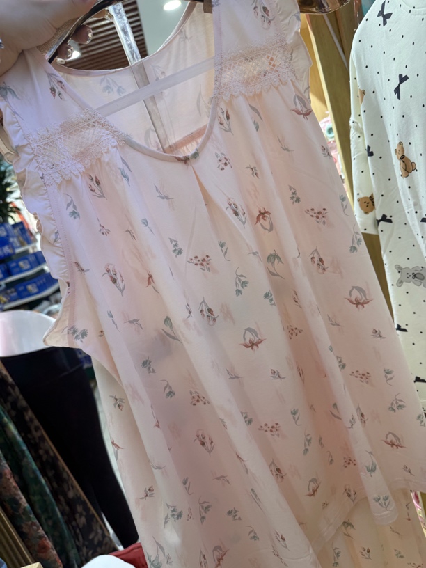 夏季新款棉印花U领无袖睡衣蕾丝家居服套装