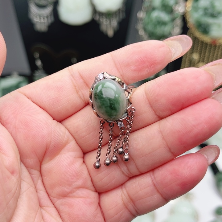 透闪石-蛇纹石玉银S925镶嵌戒指