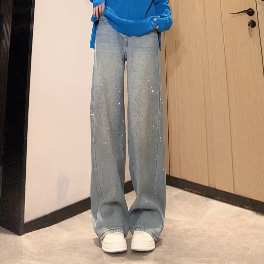 99313自留年款欧货高品质满天星烫钻加绒直筒牛仔裤