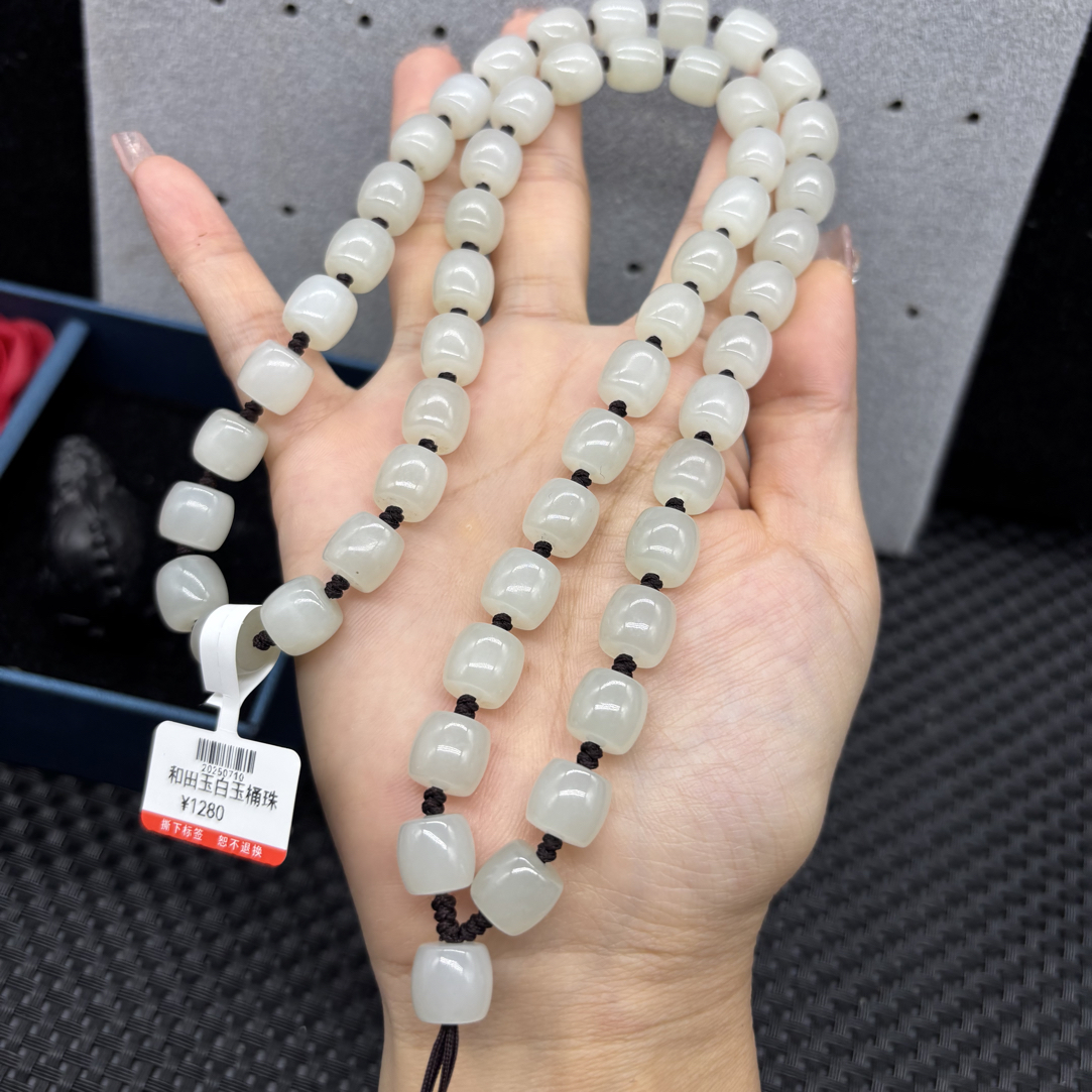 高端新疆和田玉白玉直切桶珠10mm玉石挂件绳毛衣链长链时尚百搭款