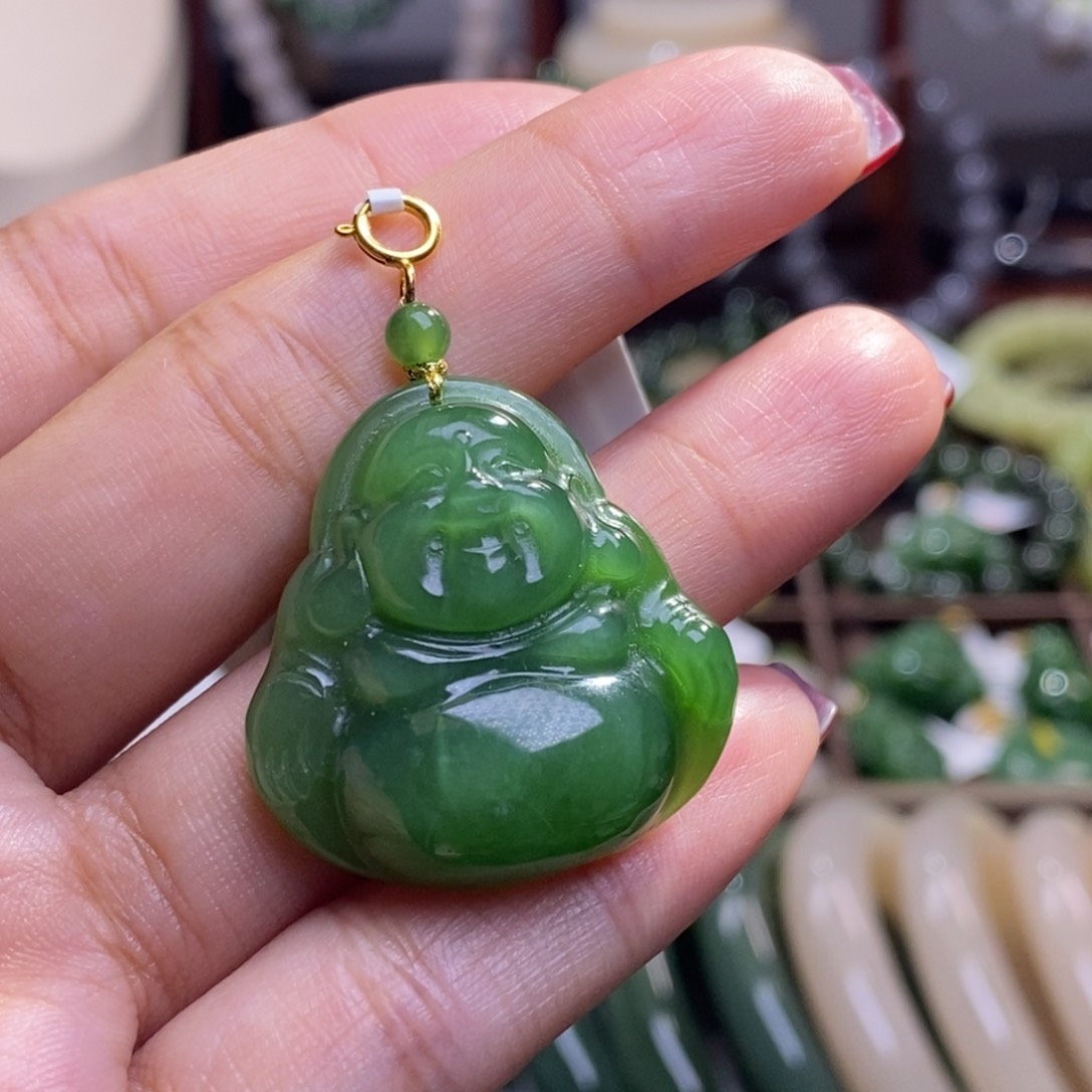 和田玉清货价老矿料碧玉金镶佛公未镶嵌