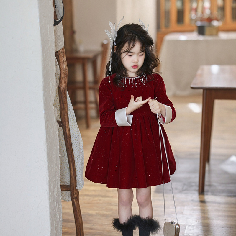 25冬“红莓颂歌”女童加绒闪闪钻石领丝绒公主连衣裙dy985