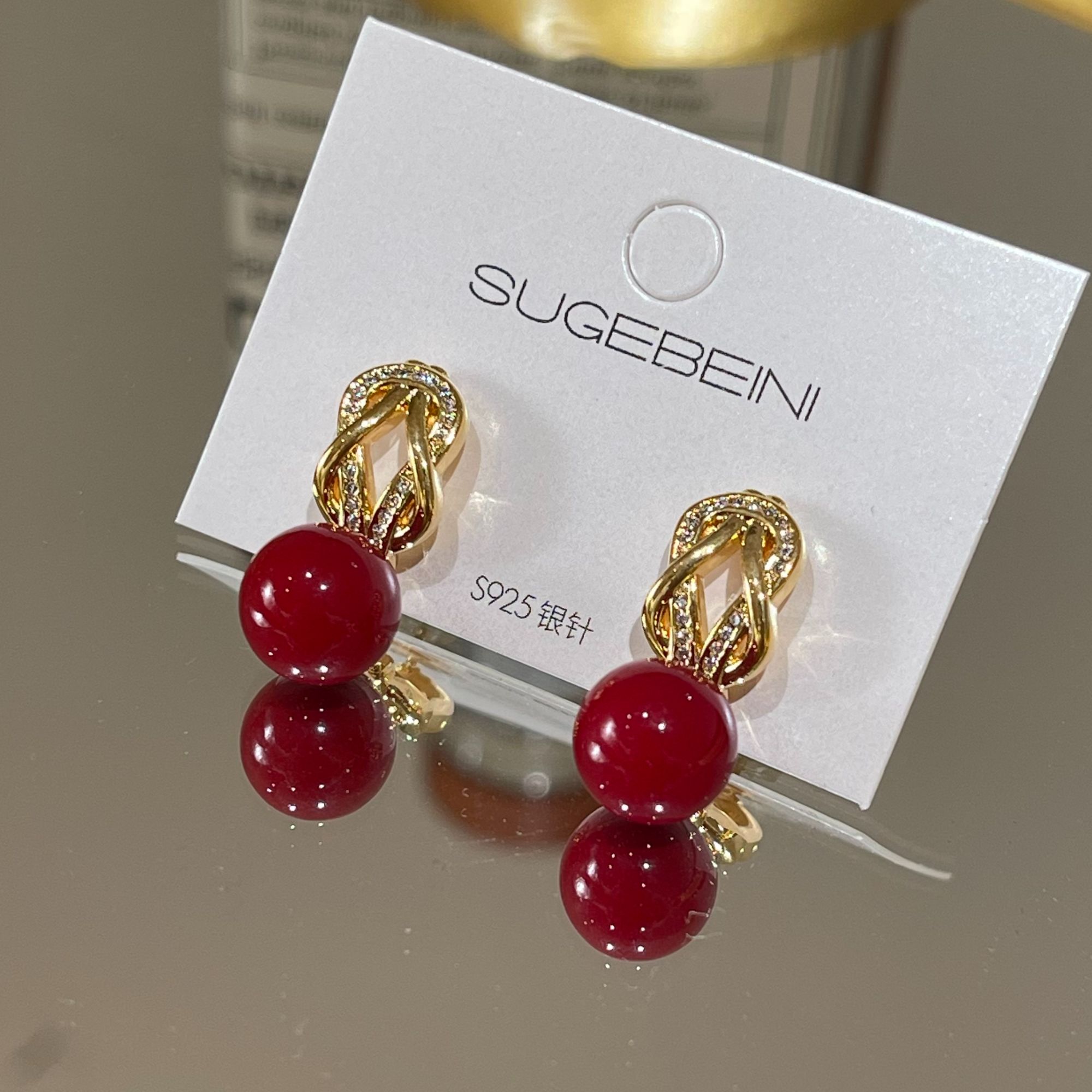 铜合金仿珍珠耳饰 新年红色耳钉气质优雅百搭R-2216