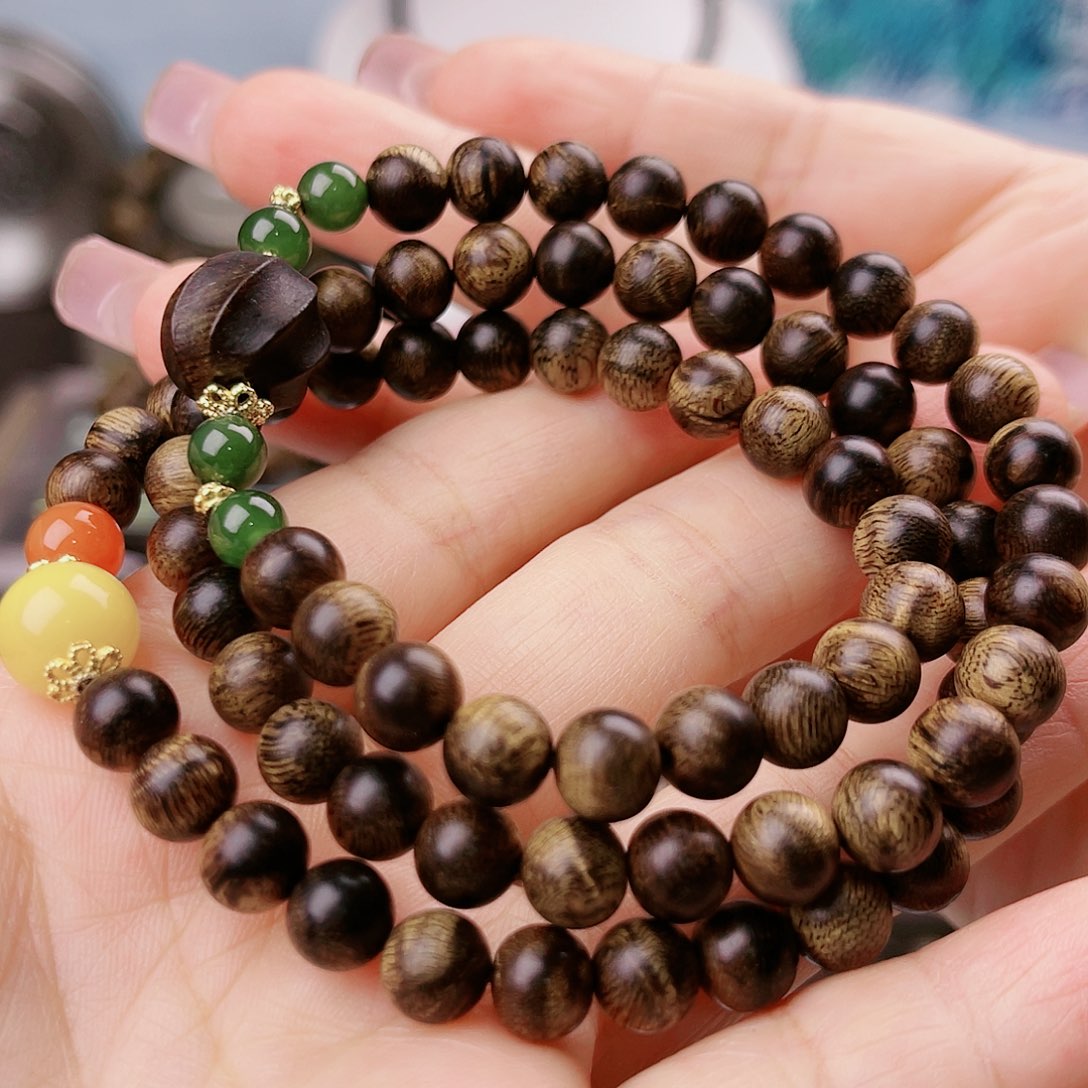 沉香手串富森红土沉玉化糖心窖藏留疤虎皮纹0.7三圈款