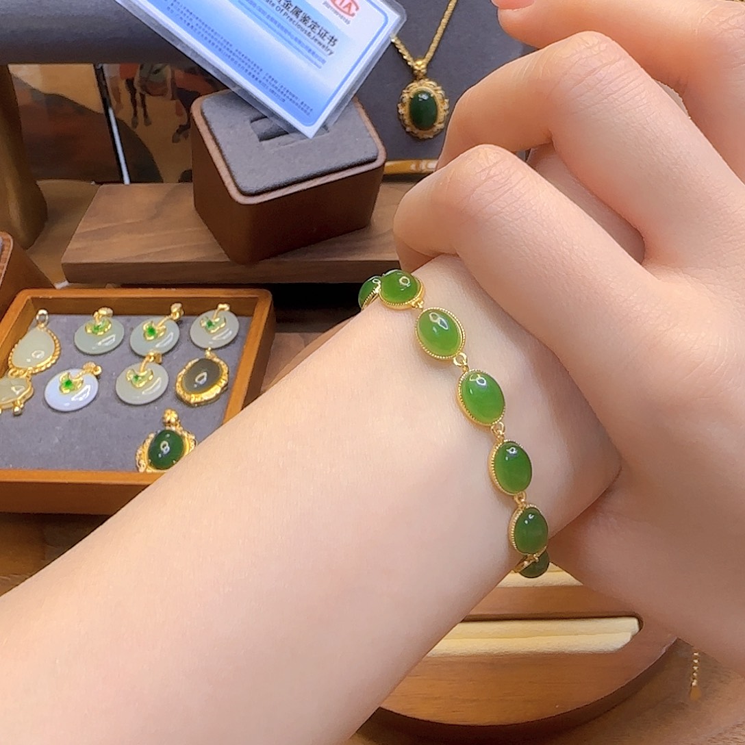 和田玉手链银S925镀金镶嵌