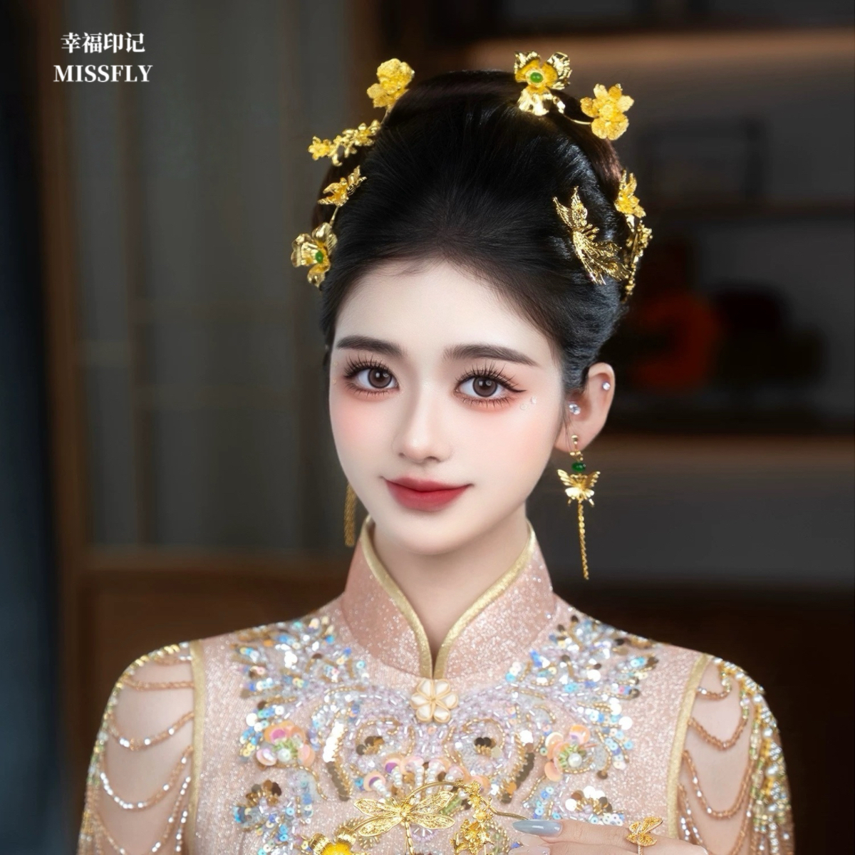 新娘金色绿珠花朵龙凤褂头饰凤凰发夹发簪秀禾旗袍汉服发饰简约