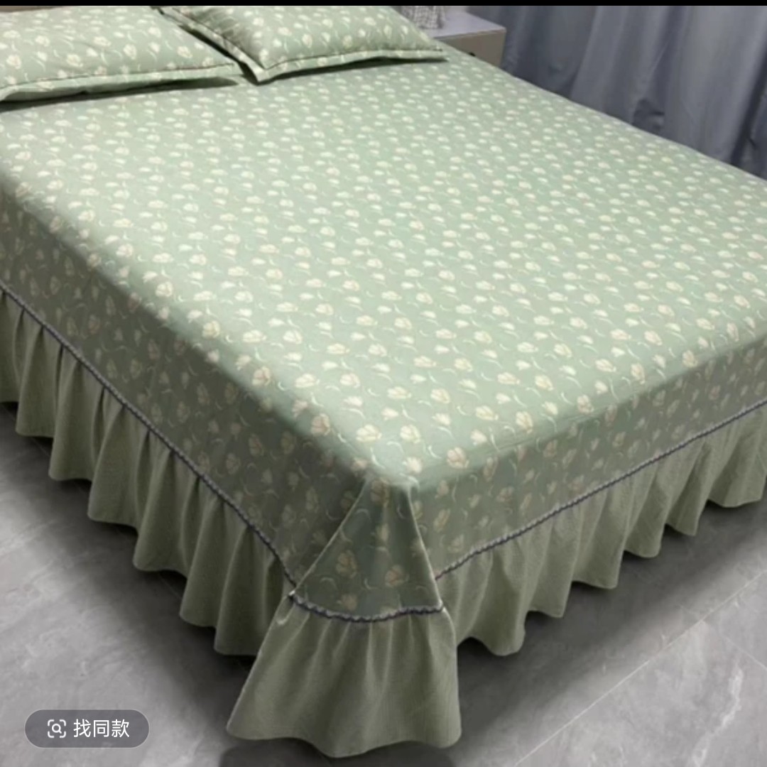 绿色青春床裙送枕头套一对）适合1.8，2米宽的床使用家用印花裙边