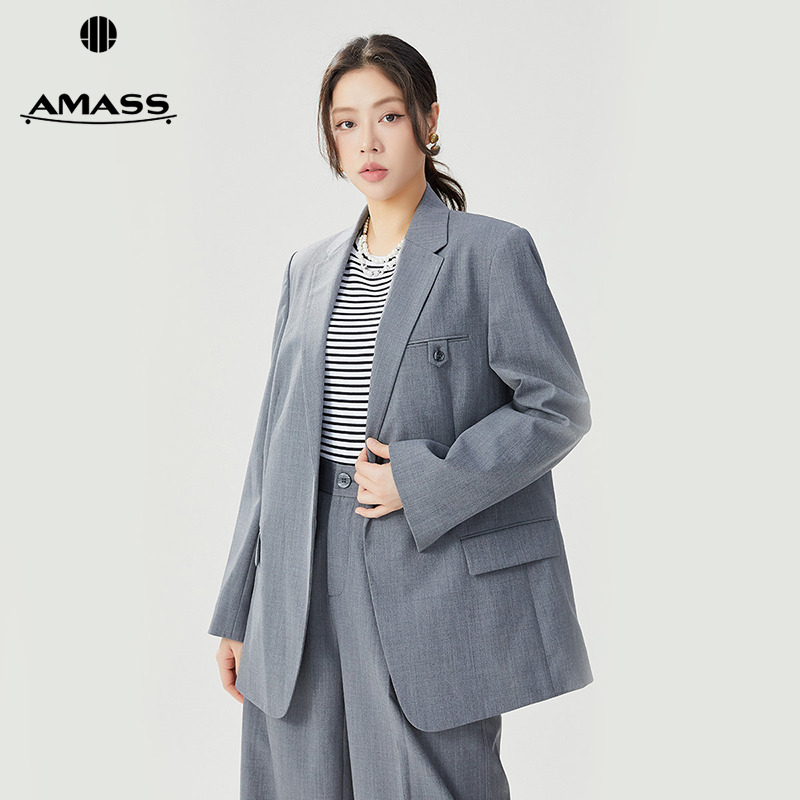 阿玛施AMASS新款女装绵羊毛通勤轻职场宽松爸爸西装外套女5400604