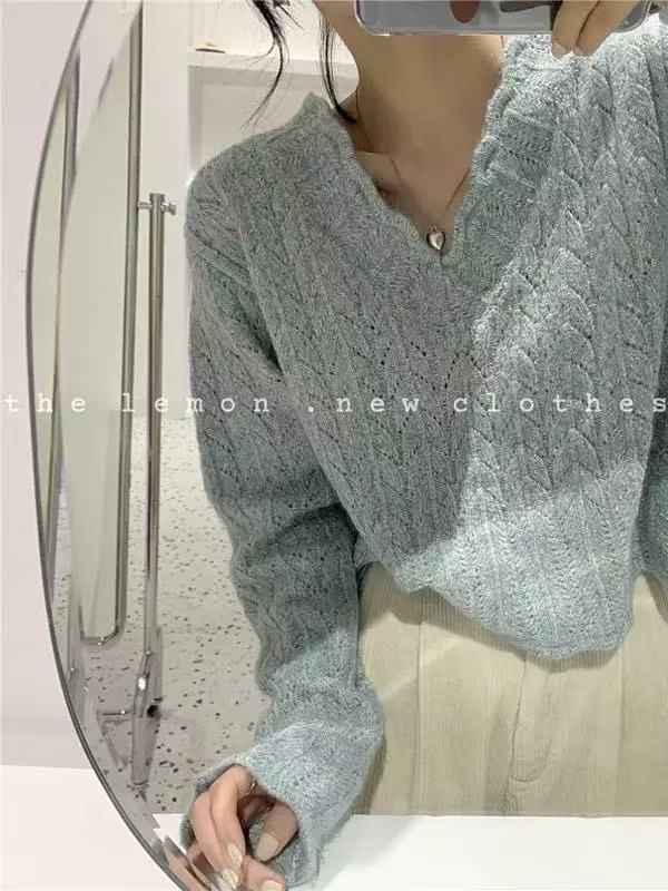 蓝色V领复古花边宽松软糯套头针织衫上衣女