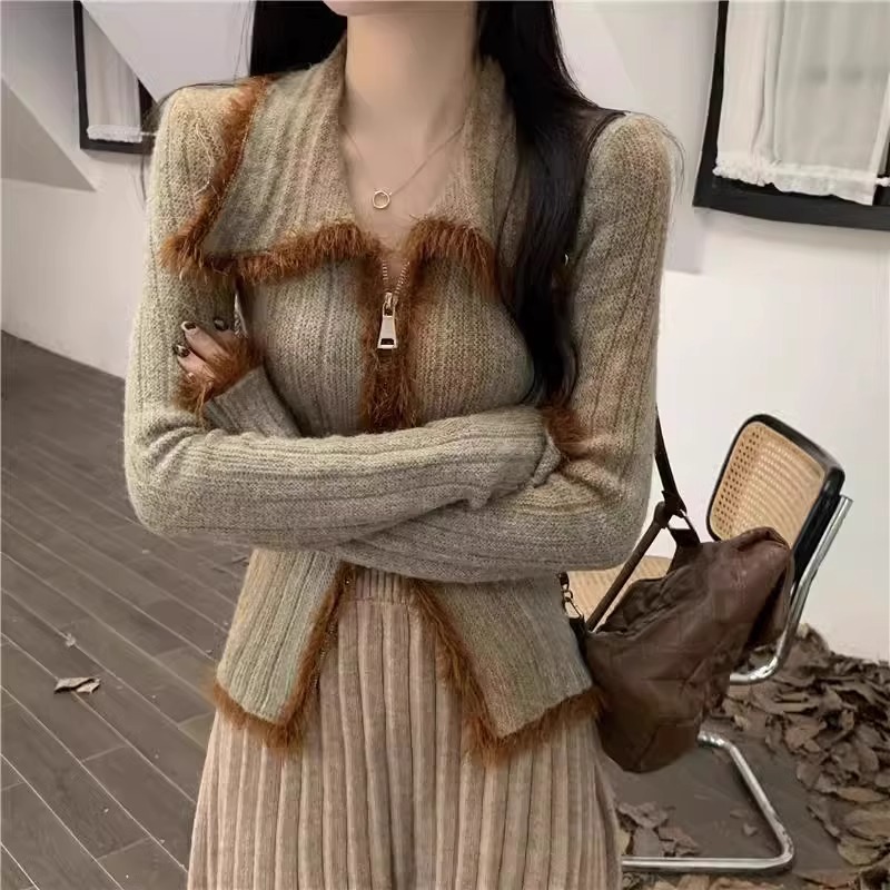 渐变复古软糯开衫毛衣外套女秋冬修身显瘦内搭双拉链翻领针织上衣