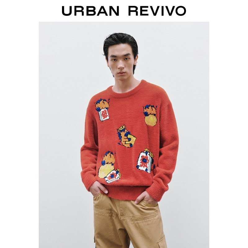UR2025冬季新款男装潮流趣味新年图案圆领针织衫UUV950033