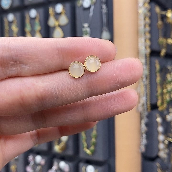 心***语和田玉银S925镀金镶嵌耳饰