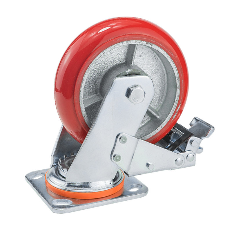 铁芯聚氨酯带刹车4-8定向轮子重型PU承重脚轮寸红色耐磨韩式