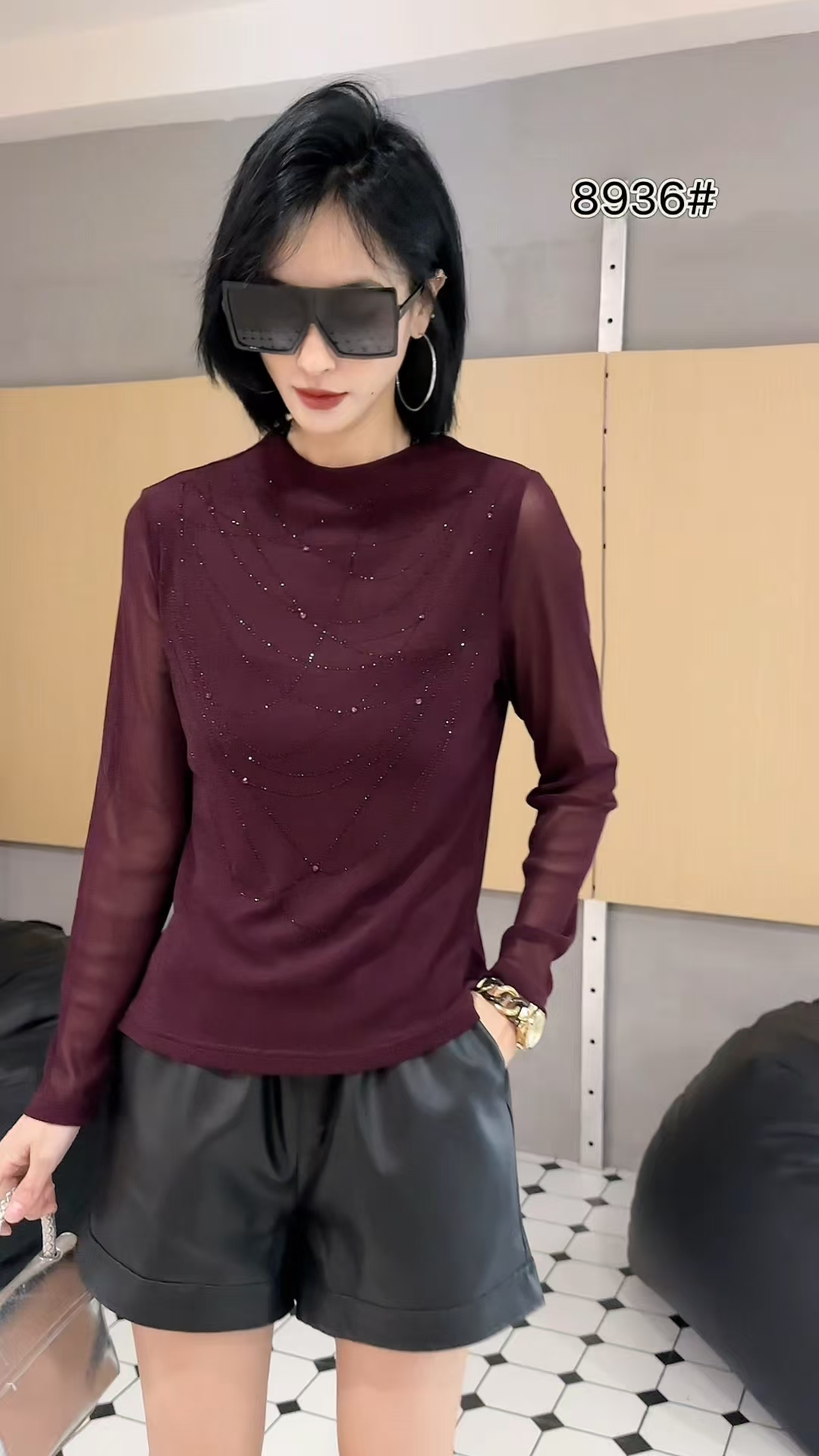 修身型圆领长袖烫钻针织常规T恤百搭气质网红显瘦