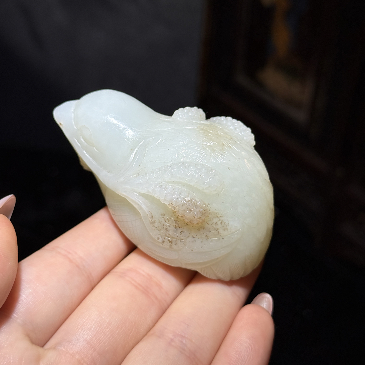 旧藏和田玉老玉鹌鹑手把100336