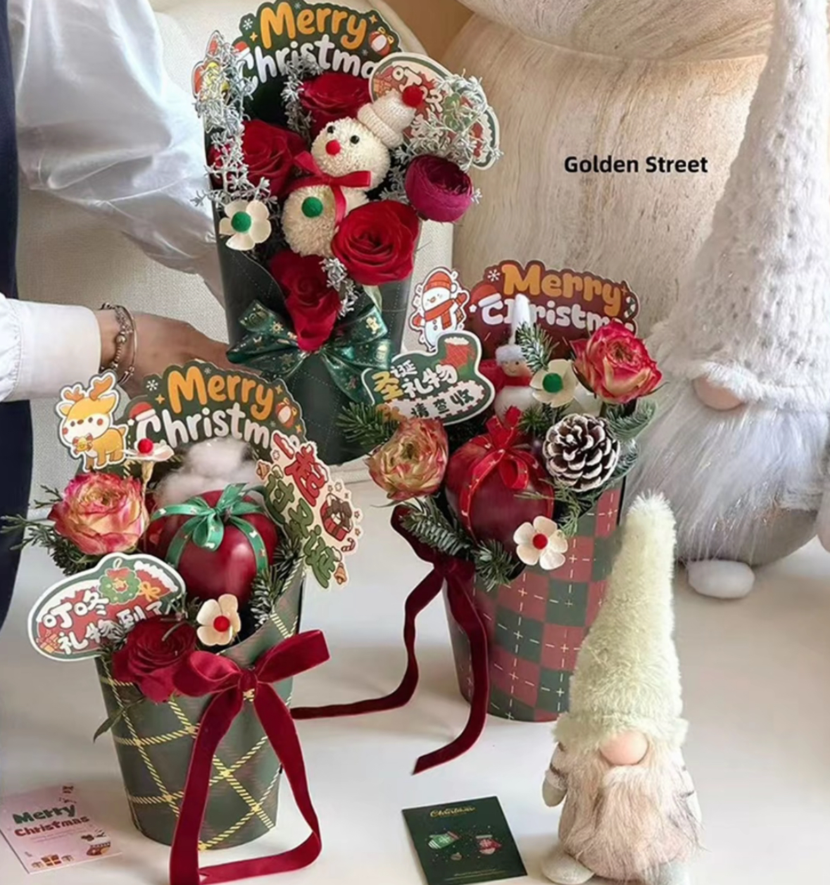 圣诞节快乐手提圆形花盒冰淇淋桶平安夜苹果插花盒花艺材料diy