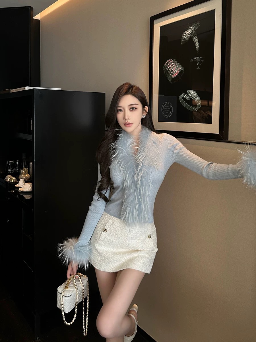 纯色修身毛针织衫纯欲风针织女装套头气质长袖短款蕾丝显瘦网红