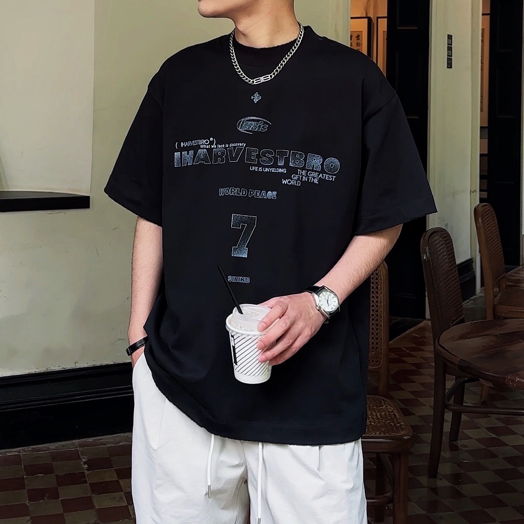《大强小龙》夏季新款图案时尚休闲设计款简约情侣圆领男女同款短袖