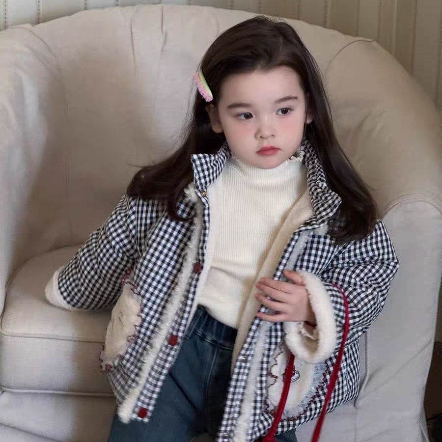 女童棉服冬季新款儿童冬装洋气女孩夹棉格子爱心格子棉衣女宝外套