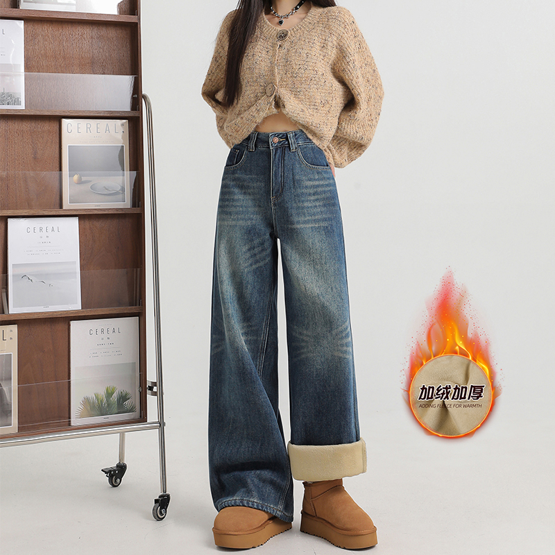 秋冬加绒加厚复古港风高腰阔腿牛仔裤女宽松显瘦小个子拖地直筒裤