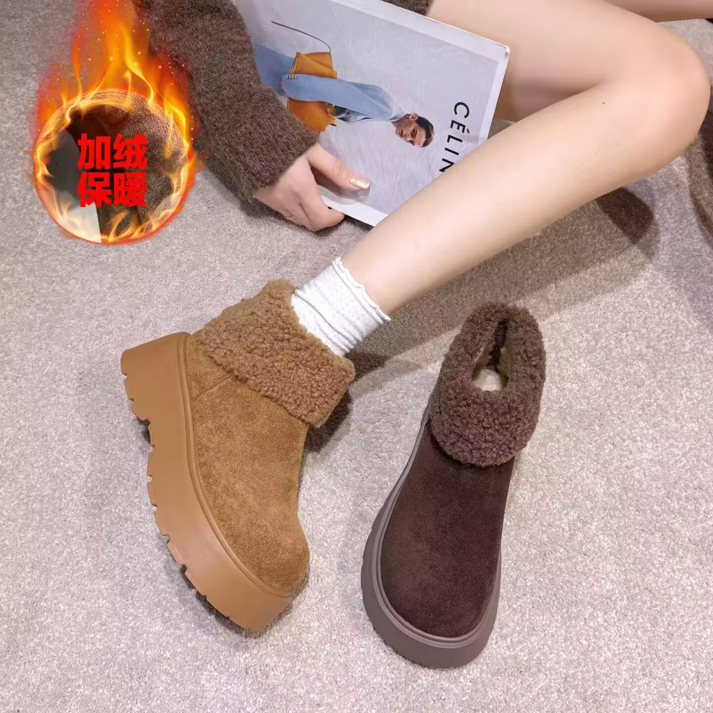 加绒加厚冬季保暖短筒雪地靴女2025新款复古厚底百搭舒适软底短靴