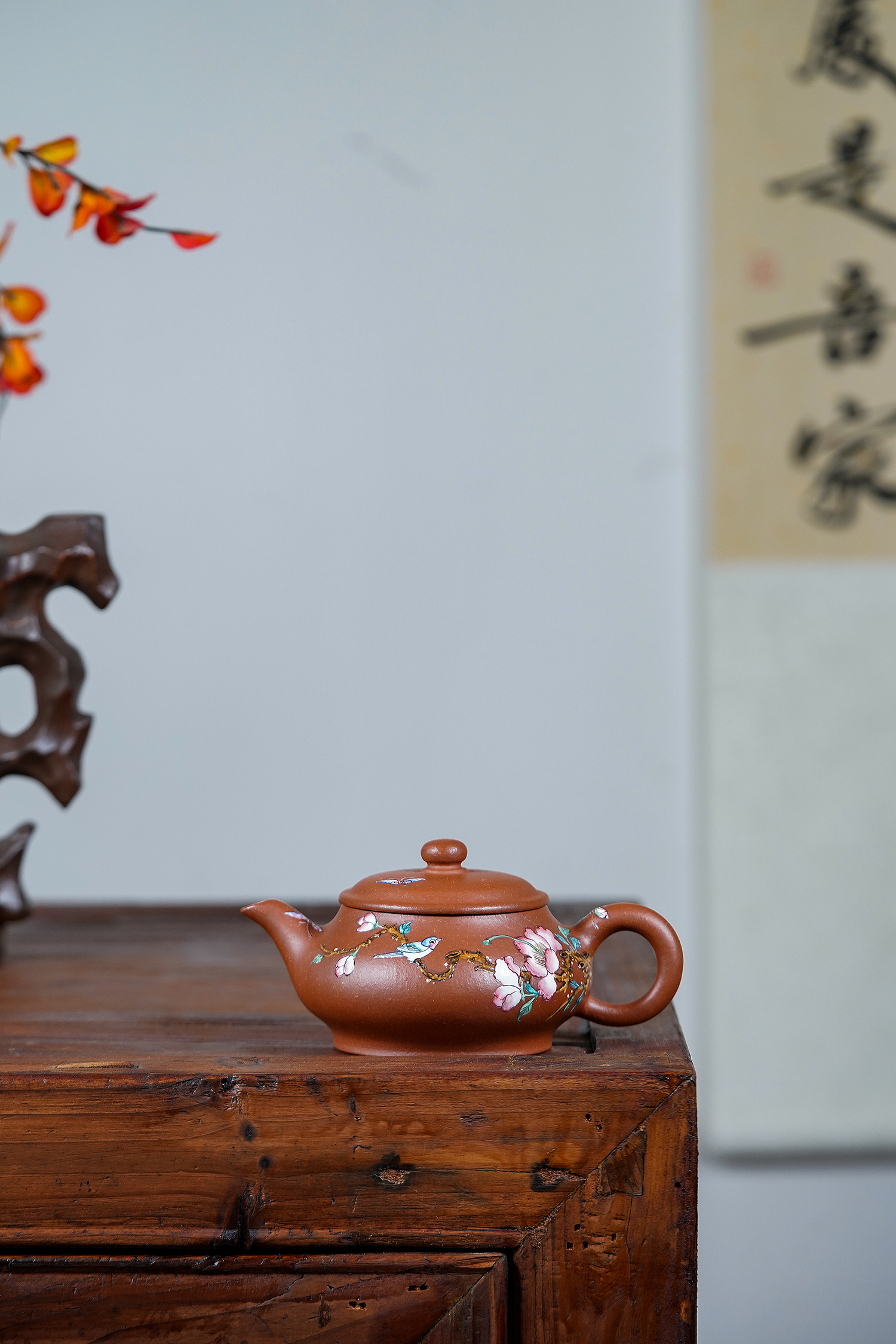 【禅砂居】珐琅彩系列-明炉壶_200cc_红降坡泥_全手工手制_宜兴紫砂