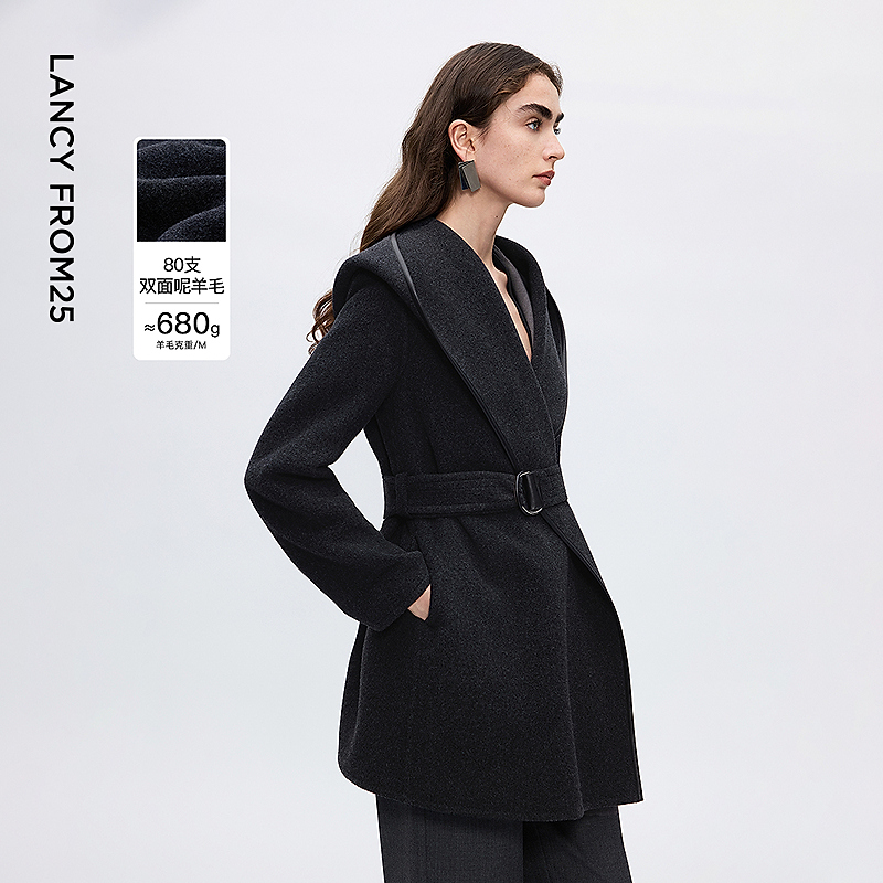 朗姿羊毛连帽翻领双面呢外套气质高级感呢子大衣女2025年冬季新款
