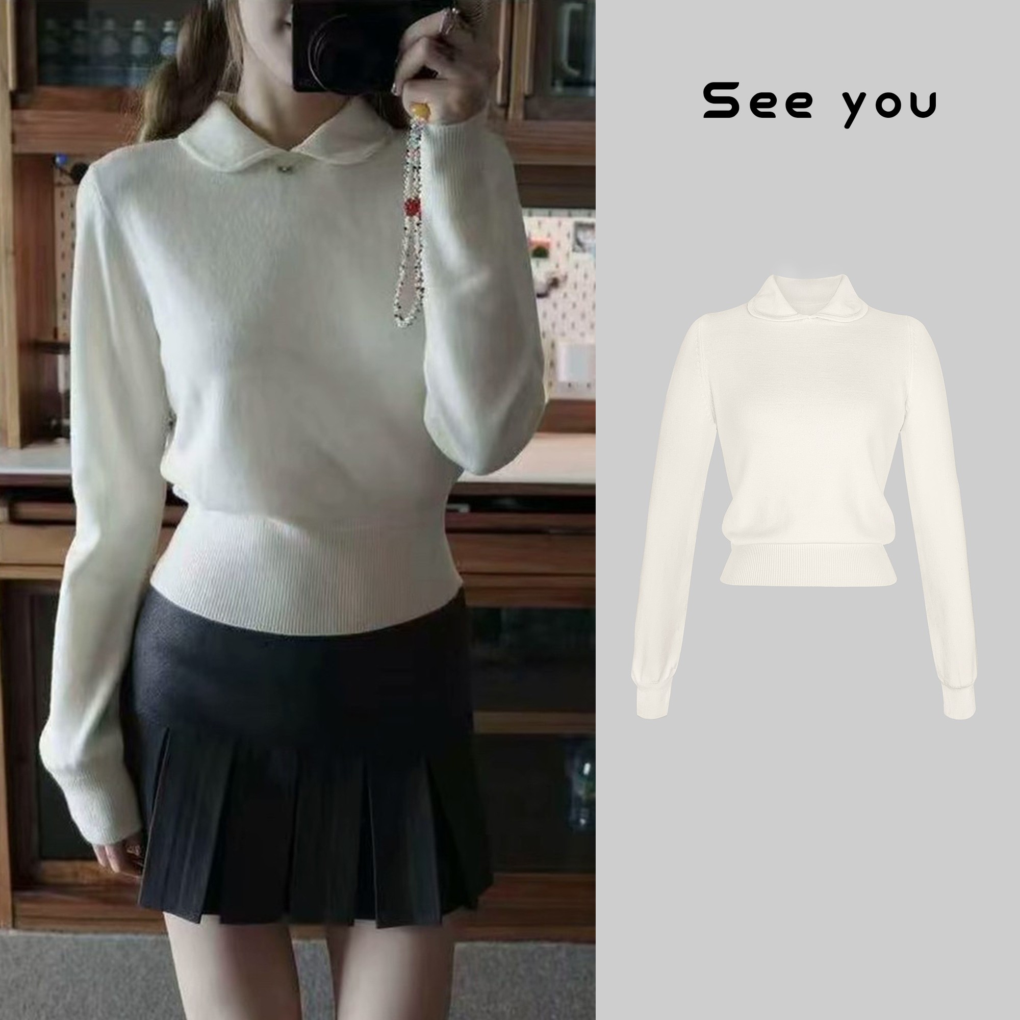 蘑糯糯同款 白色娃娃领收腰长袖针织衫L2178