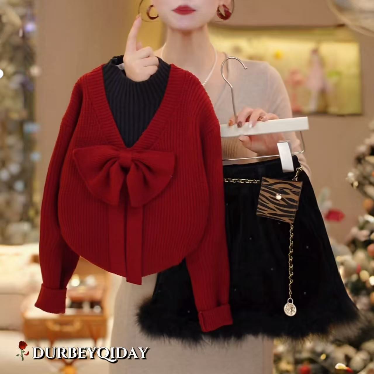 女童2025冬季新款韩版蝴蝶结假两件毛衣百搭毛边裙子套装6033