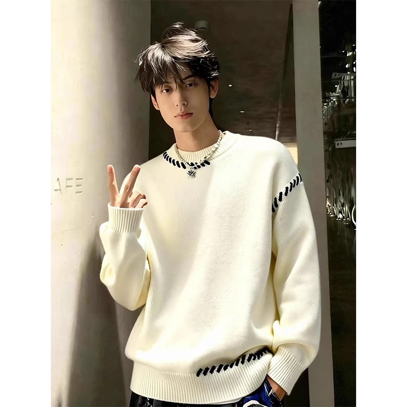 米白色慵懒圆领毛衣男款冬季潮牌套头针织衫手缝线设计内搭打底衫