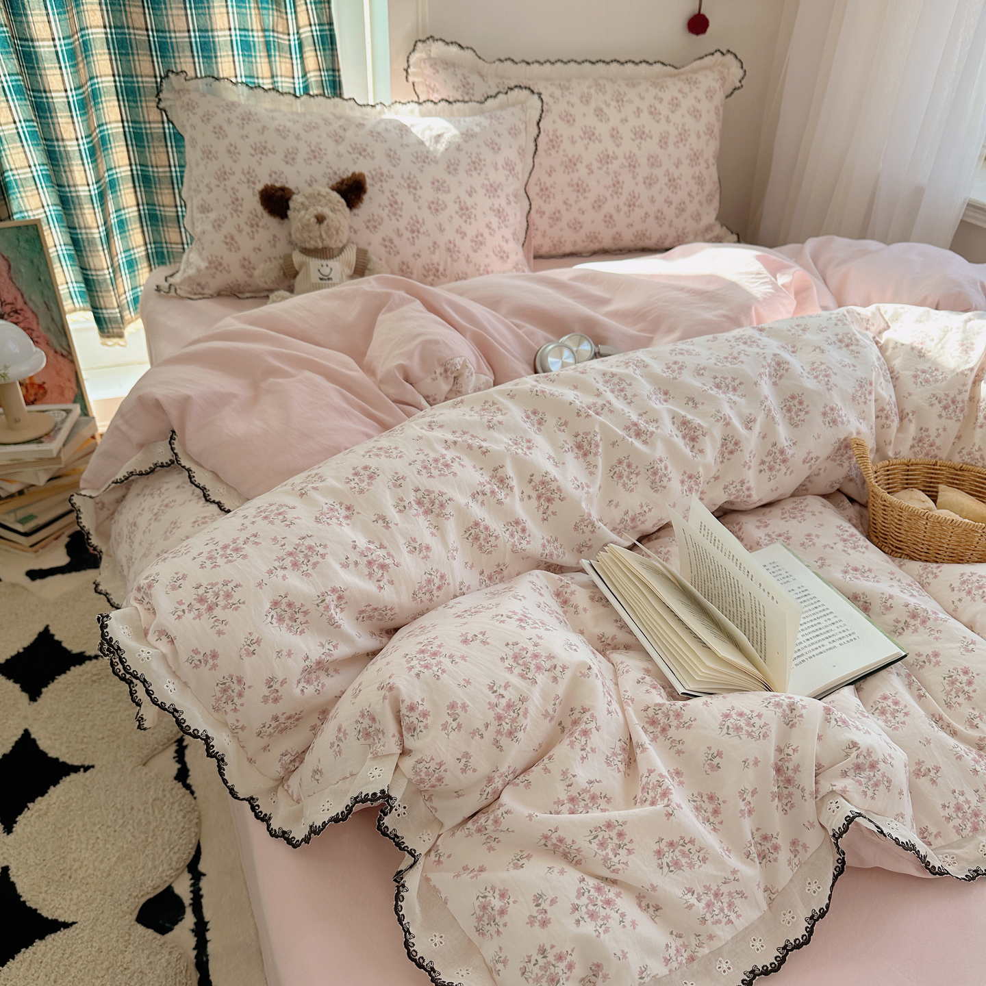 小清新碎花仿棉古法水洗复古法式花边印花四件套学生宿舍三件套