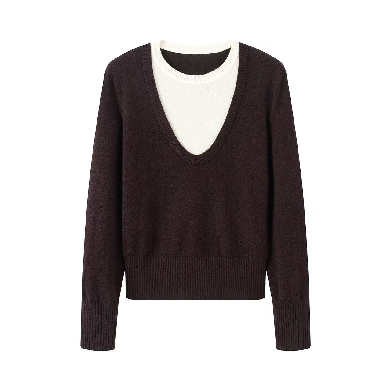 【商场同款】2025秋冬新款V领百搭撞色拼接假两件针织衫女毛衣7171