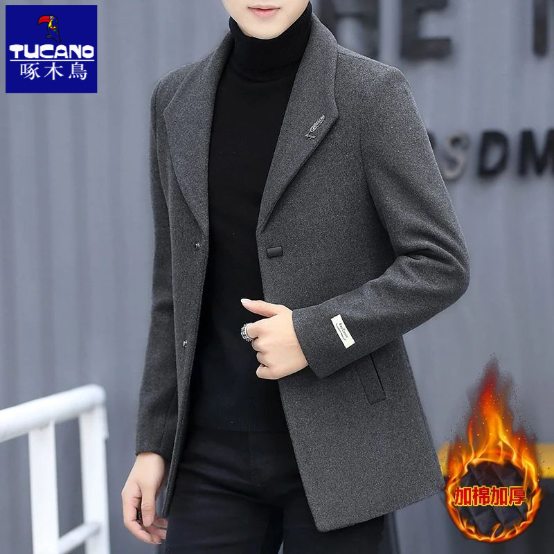 啄木鸟秋冬季男士短款风衣羊毛呢子外套男加厚西装韩版成熟稳重