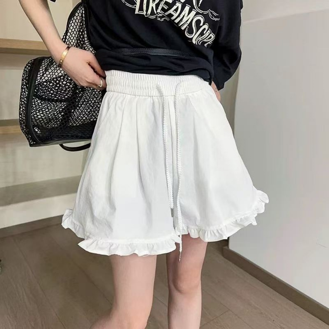 Z.X  木耳边拼接松紧腰休闲短裤  25058（K4）