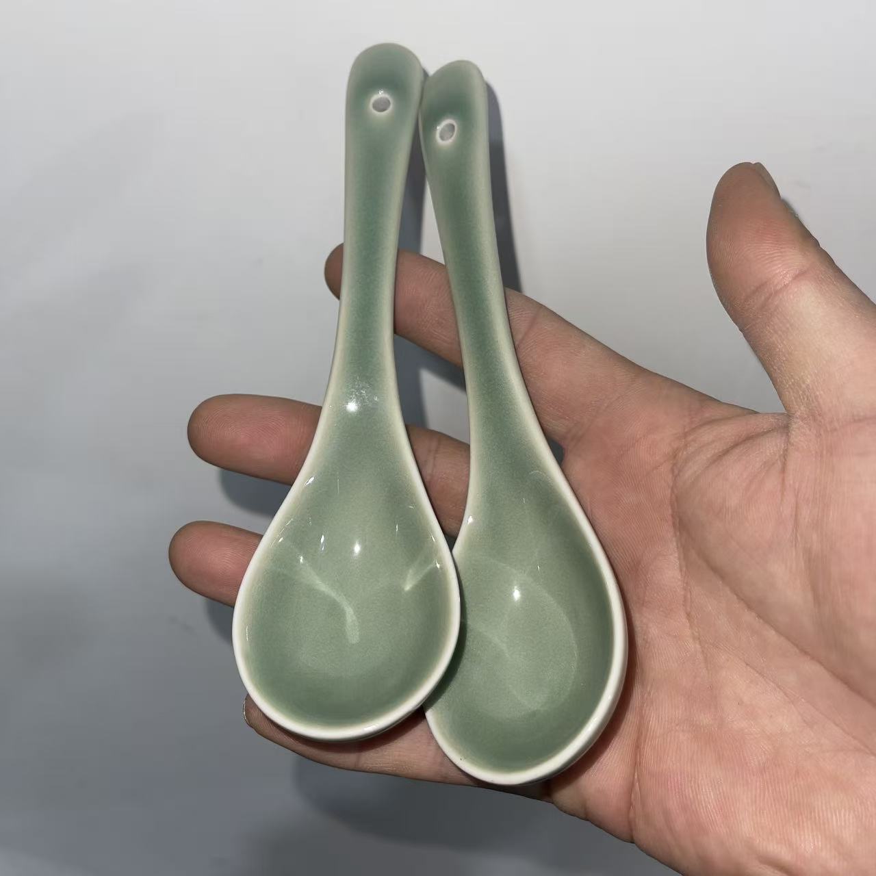 耀州窑二级瑕疵青釉小勺子2只
